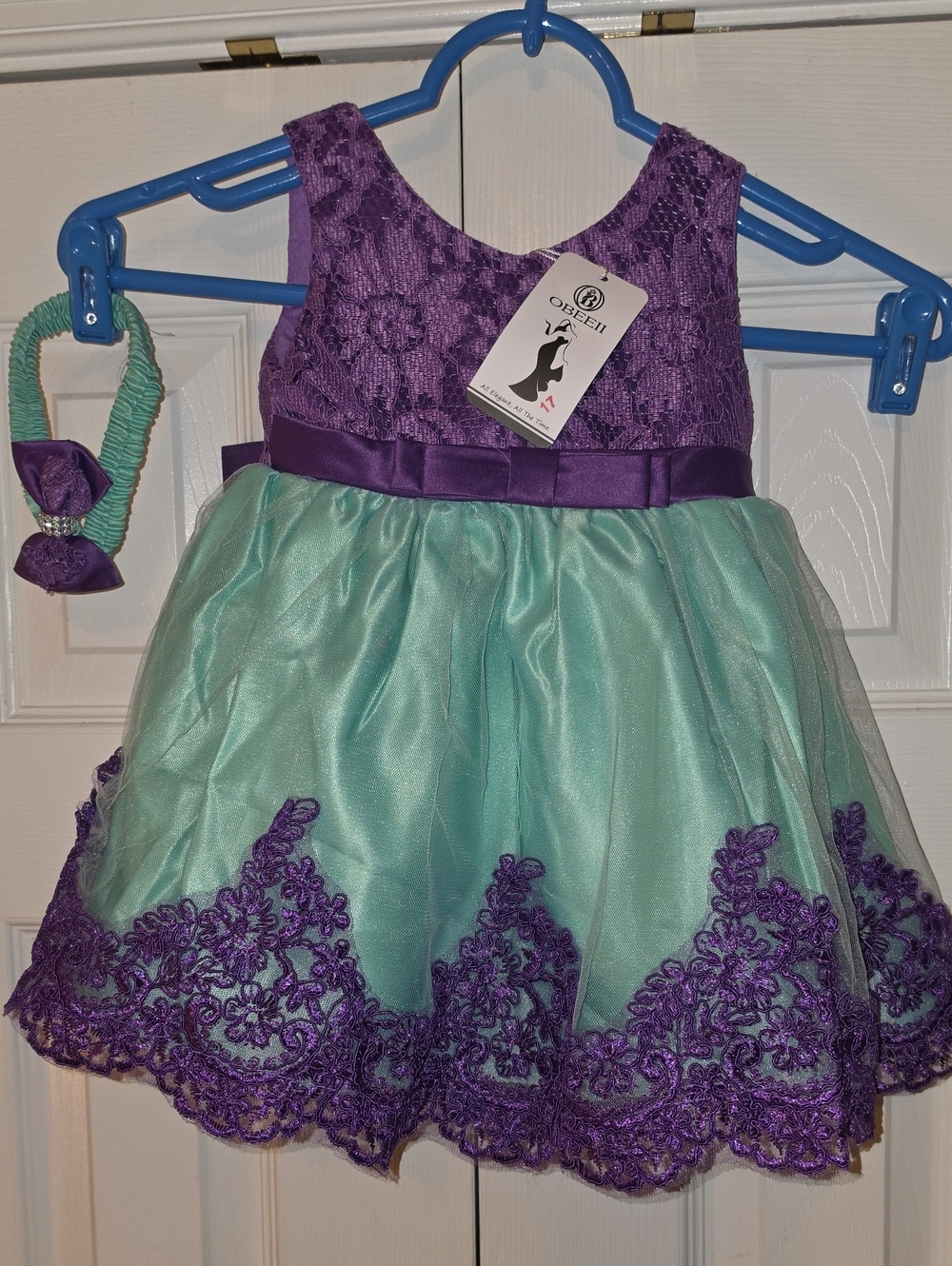 Girls' Purple & Aqua Lace Overlay Formal Dress